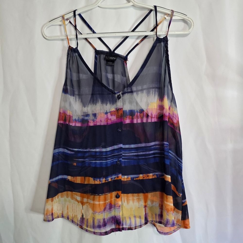 Daytrip Sheer Tank Top L Strappy‎ Back Button Front Boho Festival Flowy Nautical